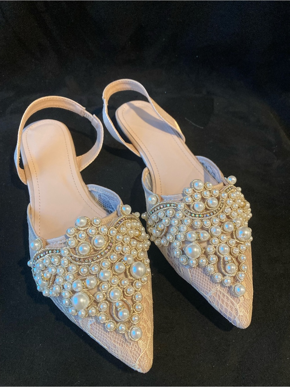 Embellished Pearl Pointed Slingback Flats